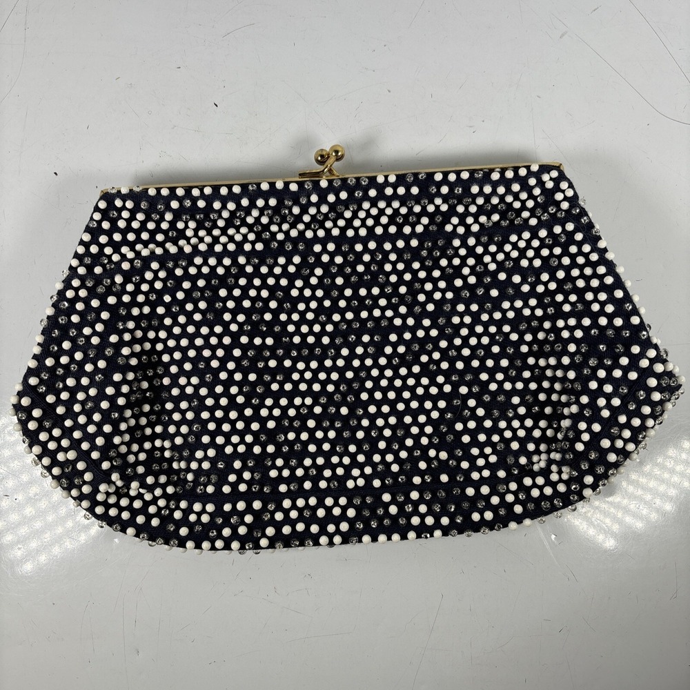 Vintage MCM‎ 1950s Navy White Clear Corde Bead Purse Pouch By Lumured Rare Hinge